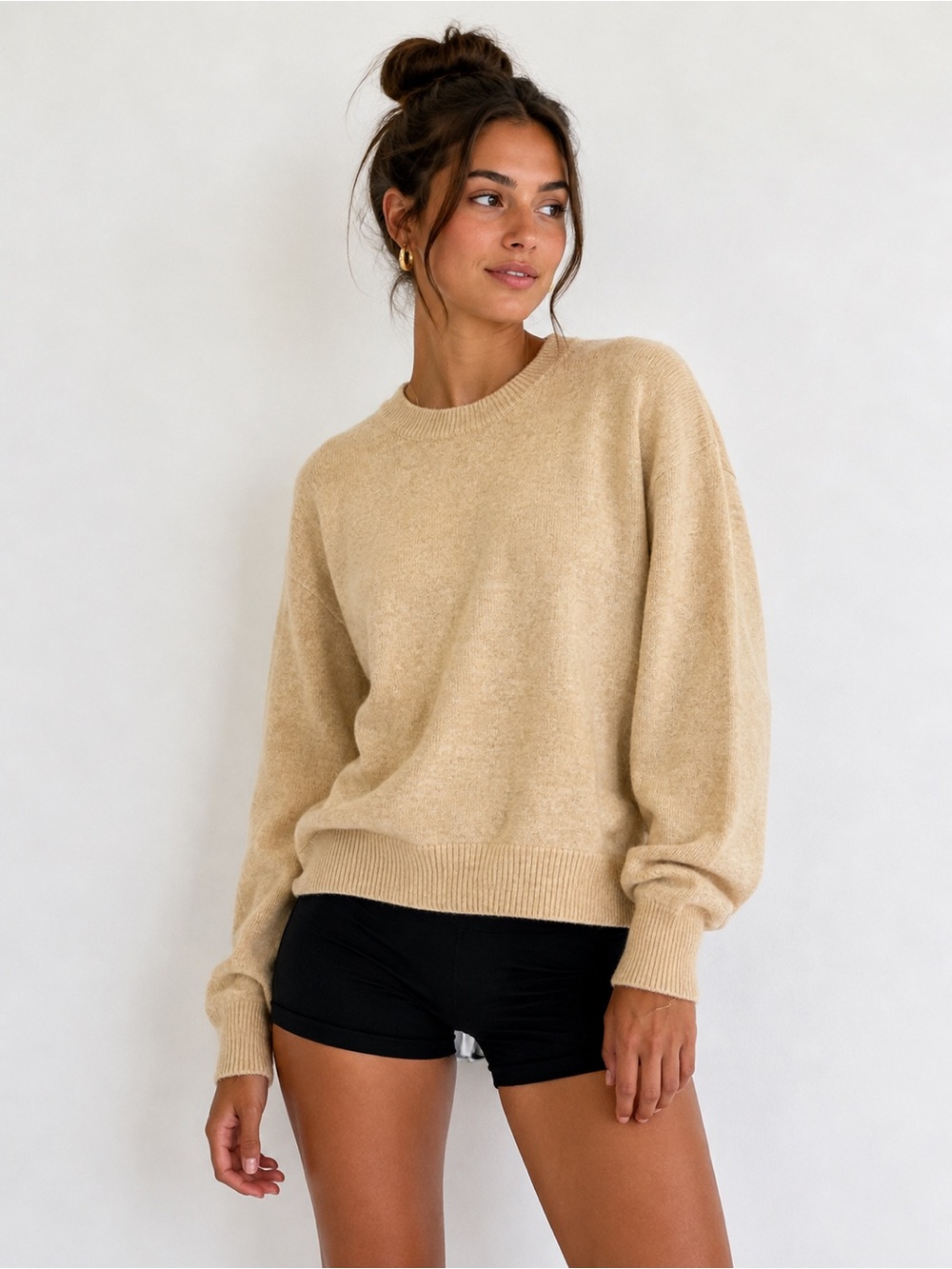 Mango Cropped Relaxed Crewneck Sweater in Light Camel